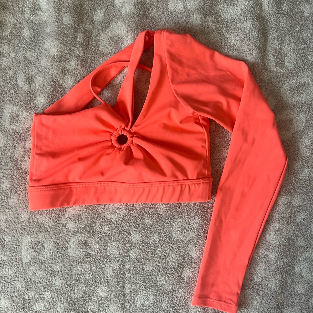 Coral One-Shoulder Long Sleeve Crop Top